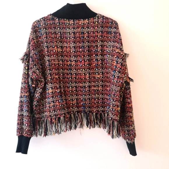 Sz S - Zara Tweed Long Sleeve Sweater with Fringe - Picture 3 of 3